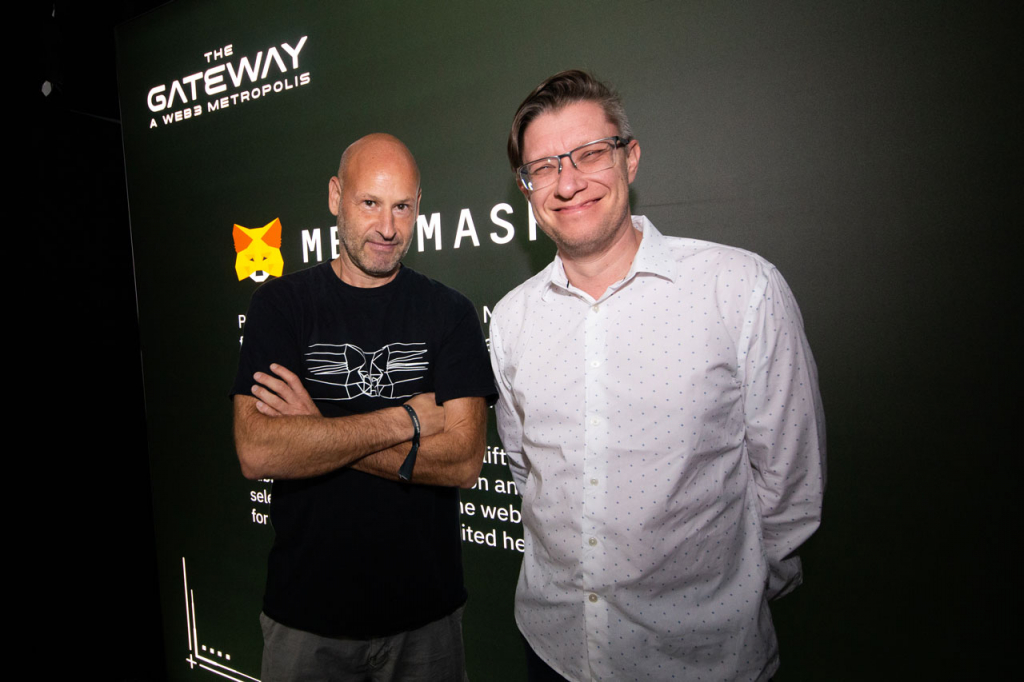 Beeple and Ethereum co-founder Joseph Lubin at MetaMask's activation at The Gateway: A Web3 Metropolis.